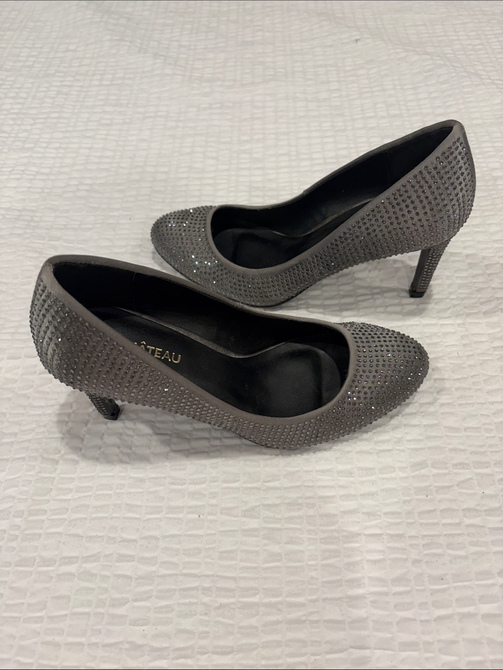 Le Chateau Gray Rhinestone Mid-Heel Pumps